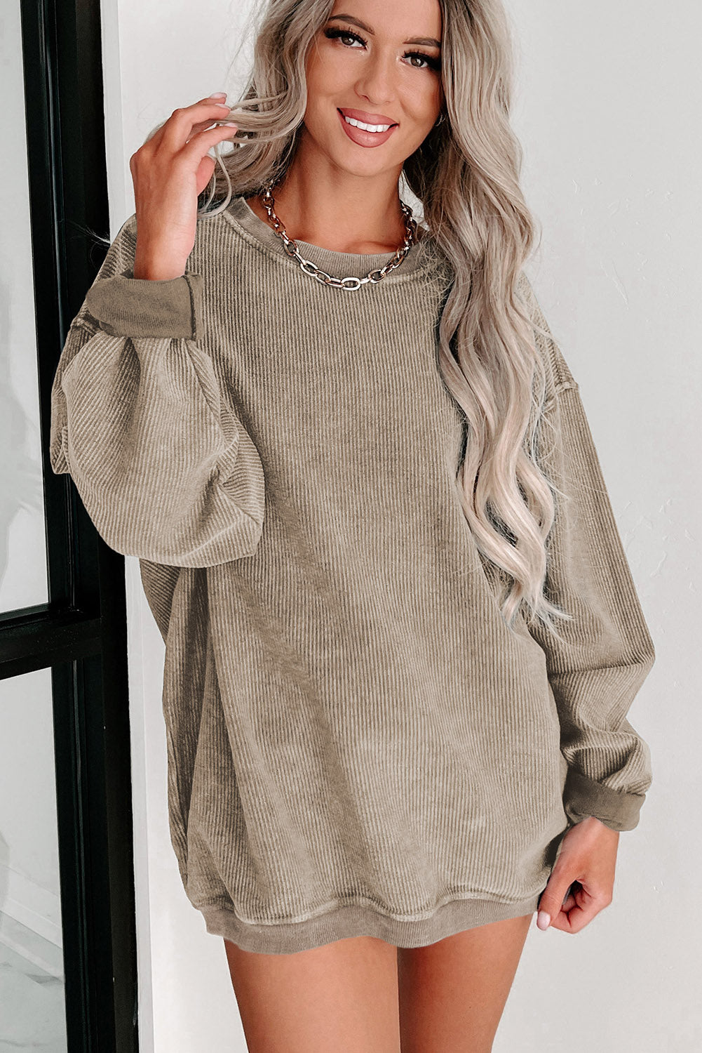 Green Solid Ribbed Knit Round Neck Pullover Sweatshirt
