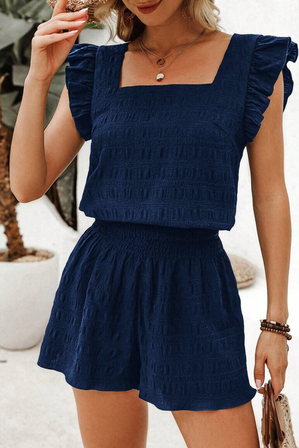 Dark Green Textured Square Neck Top and Shirred High Waist Shorts Set