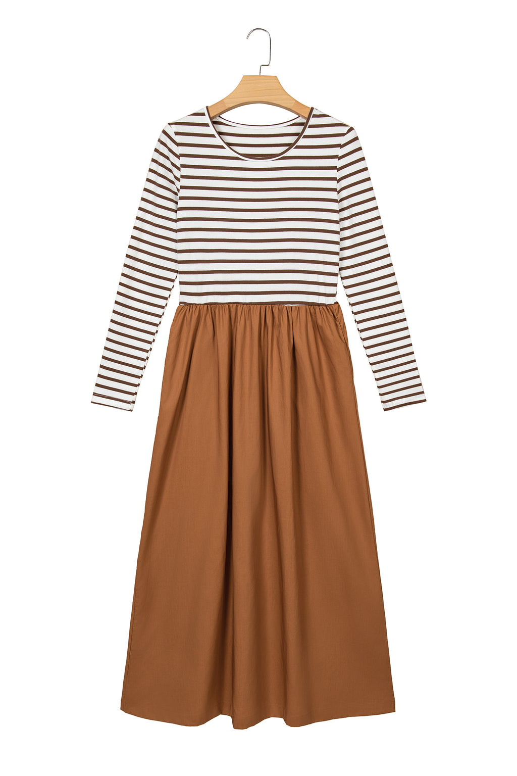 Brown Stripe Ribbed Knit Long Sleeve Bodice Contrast Patchwork Flared Dress