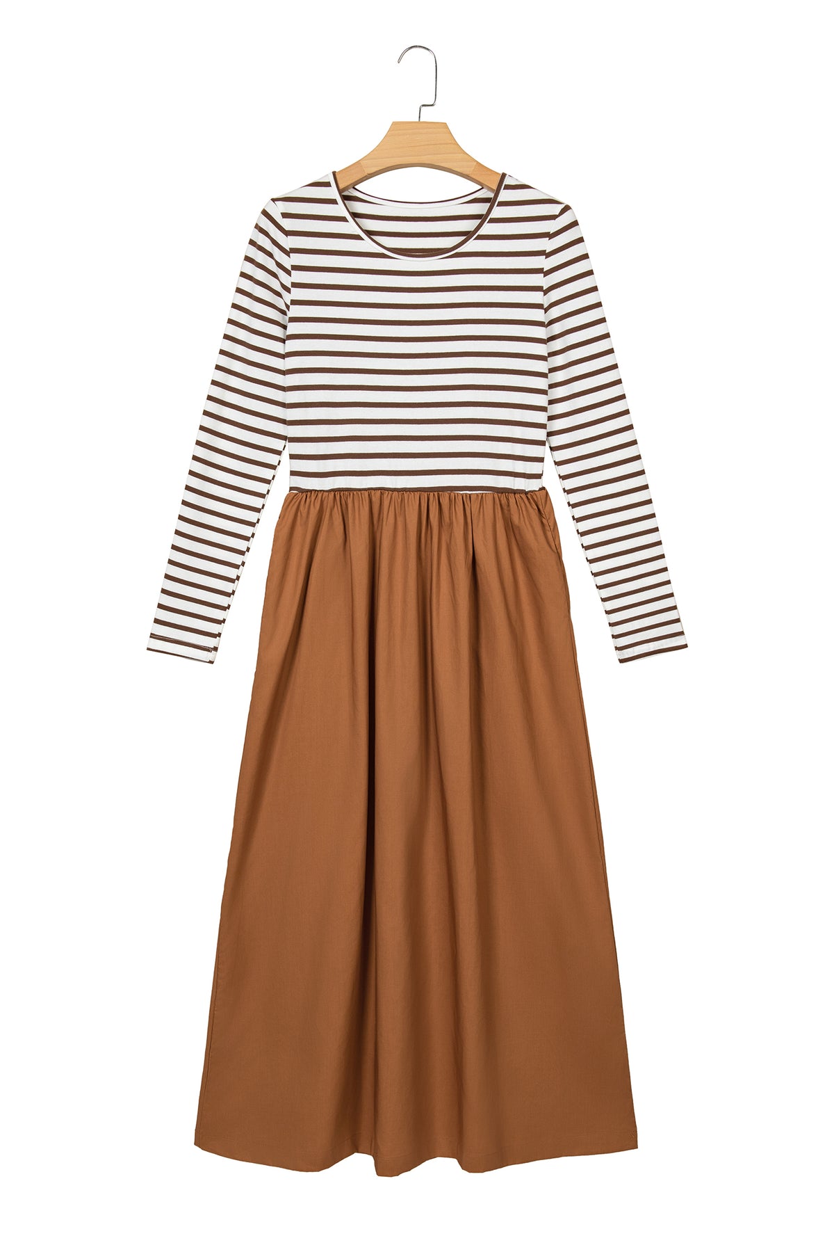 Brown Stripe Ribbed Knit Long Sleeve Bodice Contrast Patchwork Flared Dress