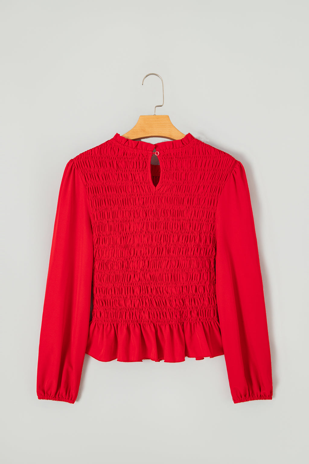 Jet Stream Solid Color Smocked Ruffle Hem Long Sleeve Blouse