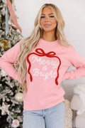 Gossamer Pink Drop Shoulder Round Neck Towel Embroidery Slogan Pullover Sweater