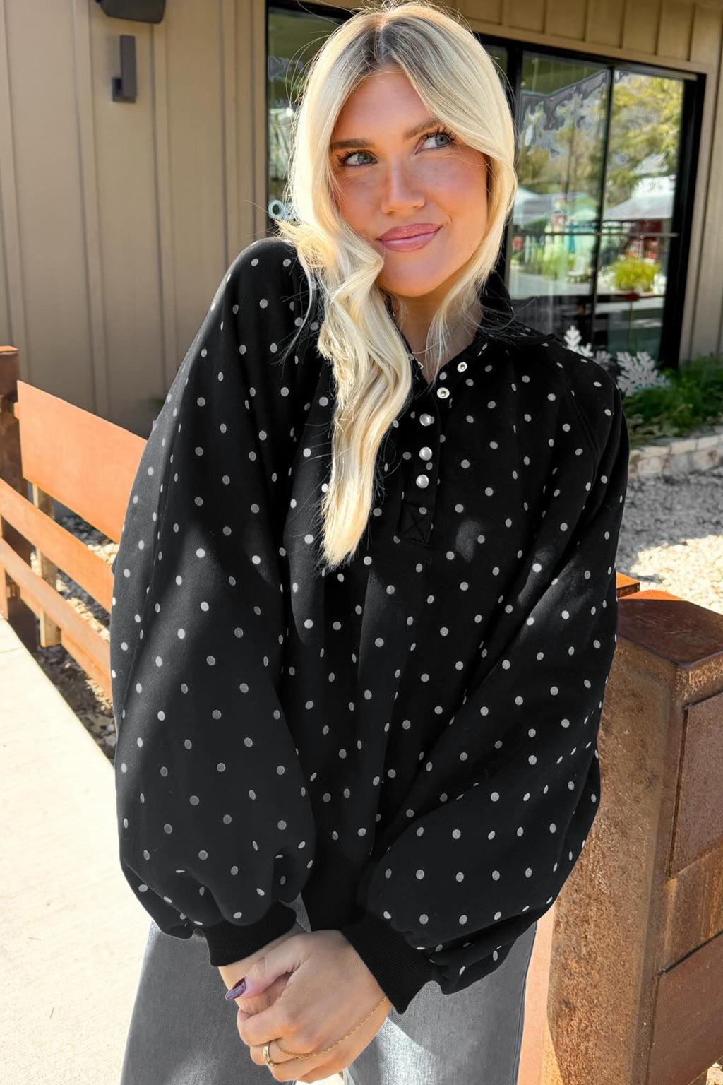 Blue Polka Dot Print Metal Button Collar Casual Pullover Sweatshirt