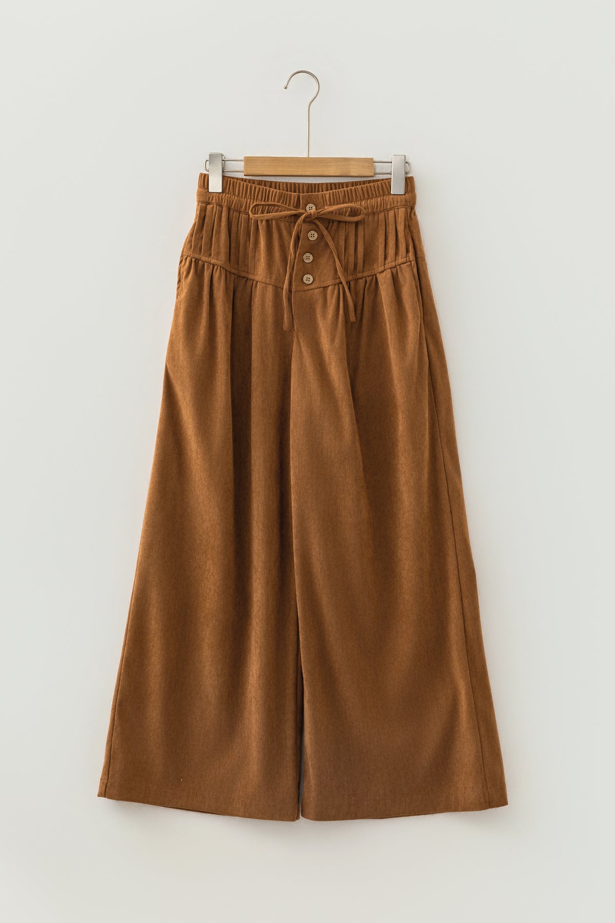 Thai Curry Elastic Waist Wooden Button Placket Ankle Length Wide Leg Pants
