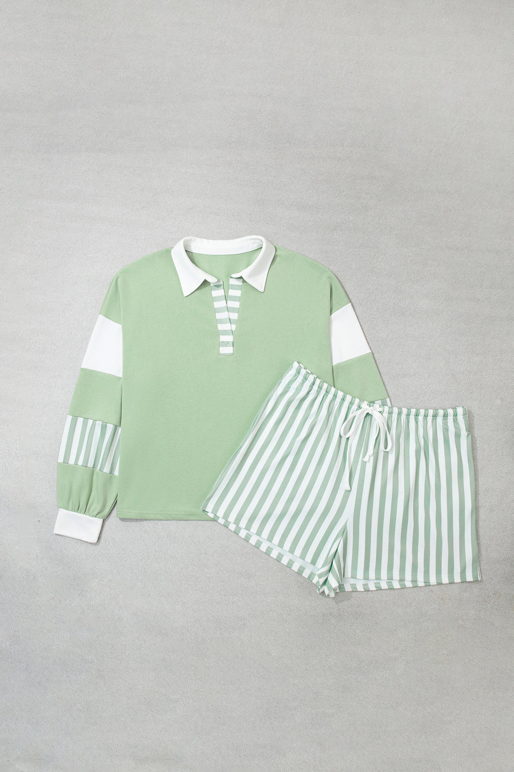 Smoke Green Striped Patchwork V Neck Two Piece Shorts Plus Size Set