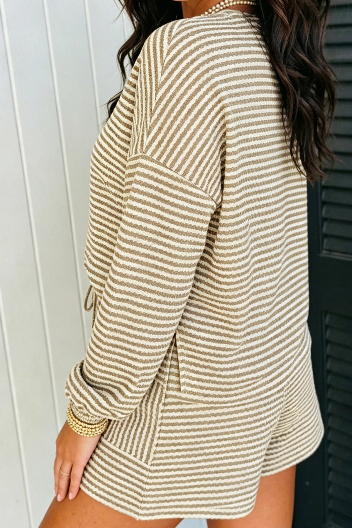 Brown Stripe Textured Knit Long Sleeve Top Elastic Waist Shorts Casual Outfit