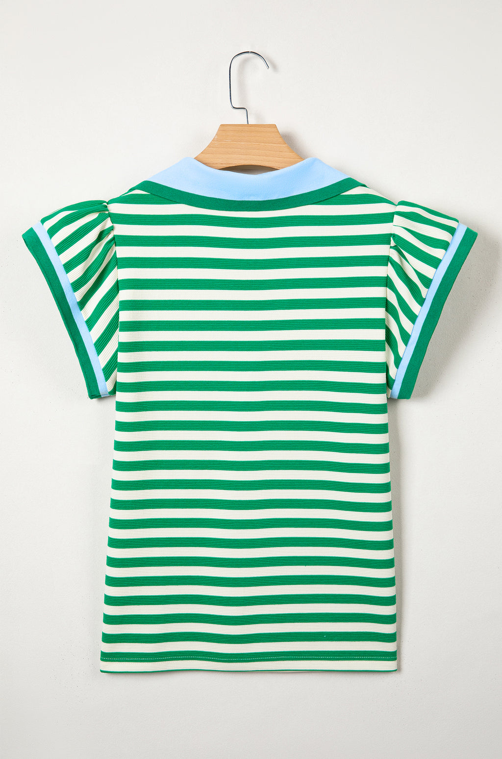 Rose Stripe Contrast Trim Polo Collar Ruffled Short Sleeve Blouse