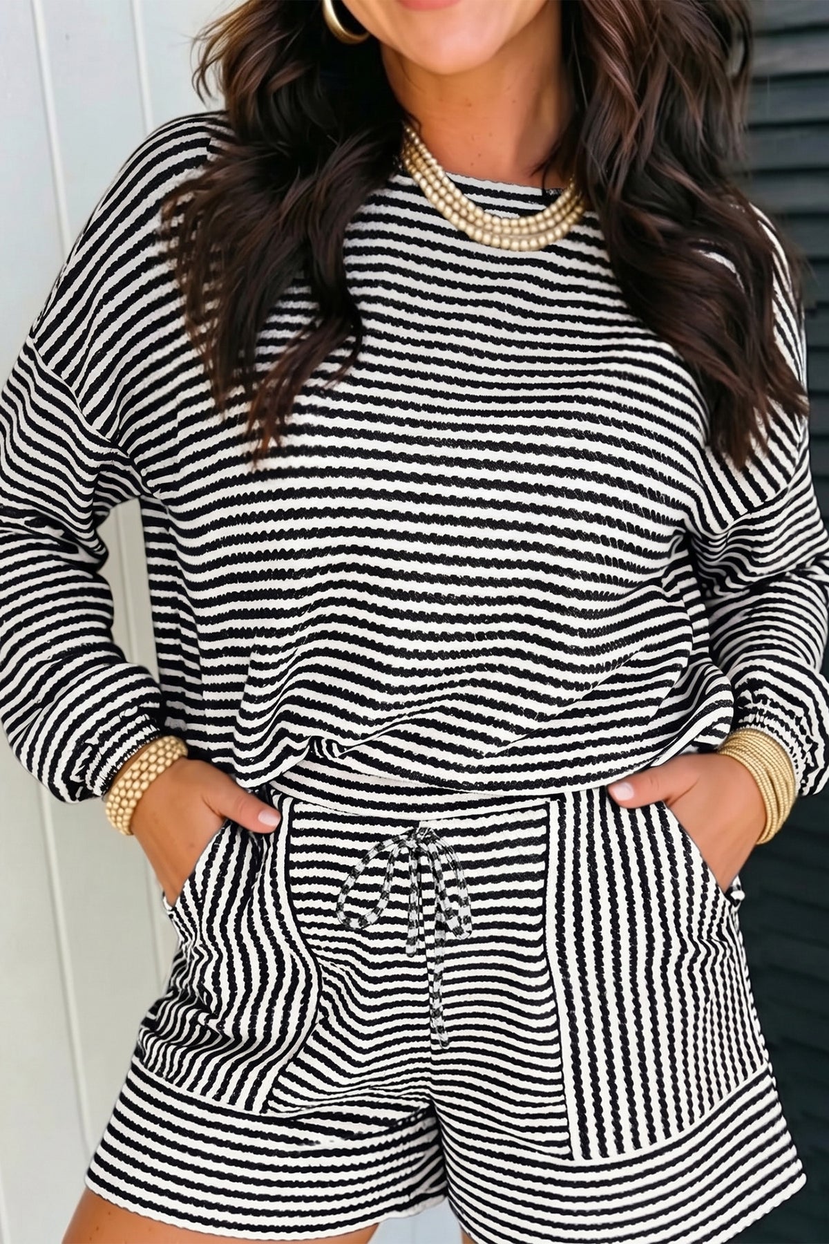 Brown Stripe Textured Knit Long Sleeve Top Elastic Waist Shorts Casual Outfit