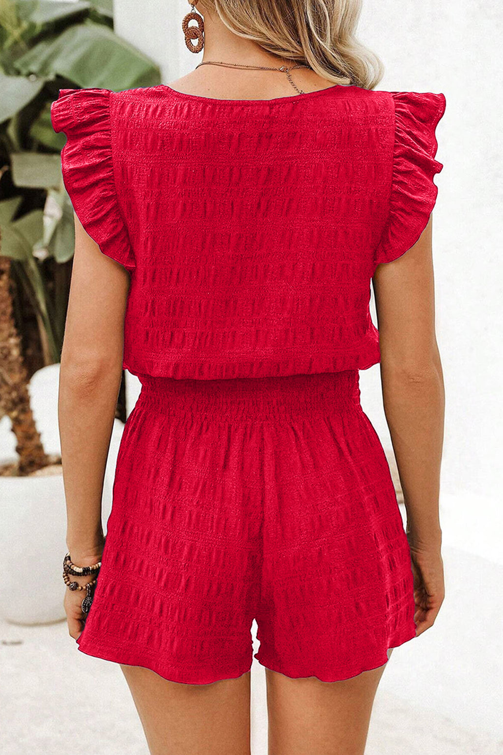 Dark Green Textured Square Neck Top and Shirred High Waist Shorts Set