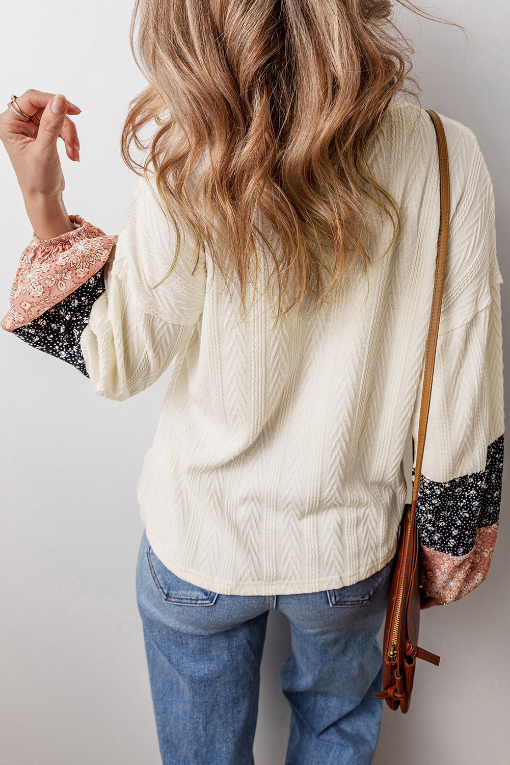 Black Floral Patchwork Textured Knit Drawstring V Neck Blouse