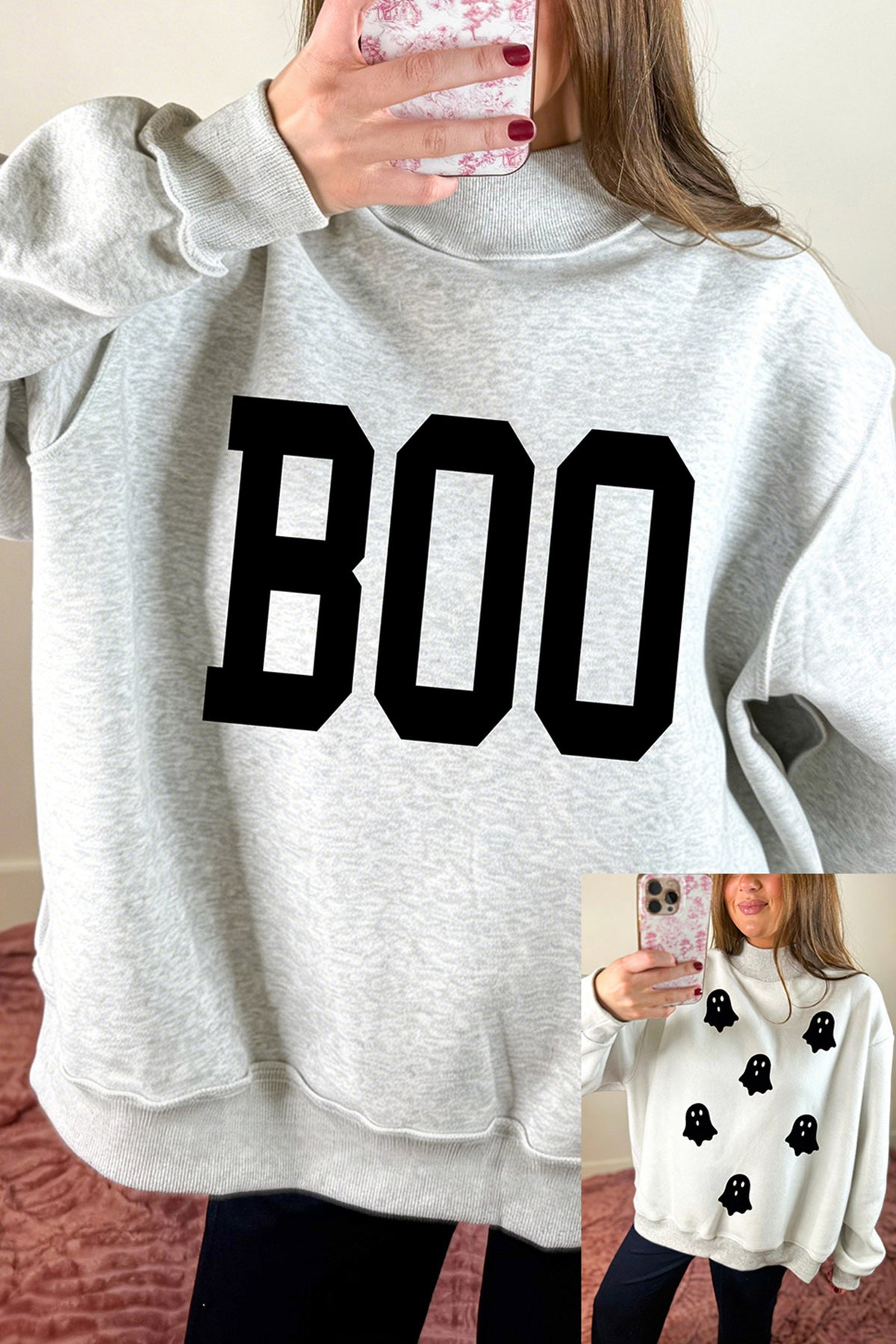 Light Grey Halloween Boo Slogan Ghost Print Reversible Mock Neck Sweatshirt