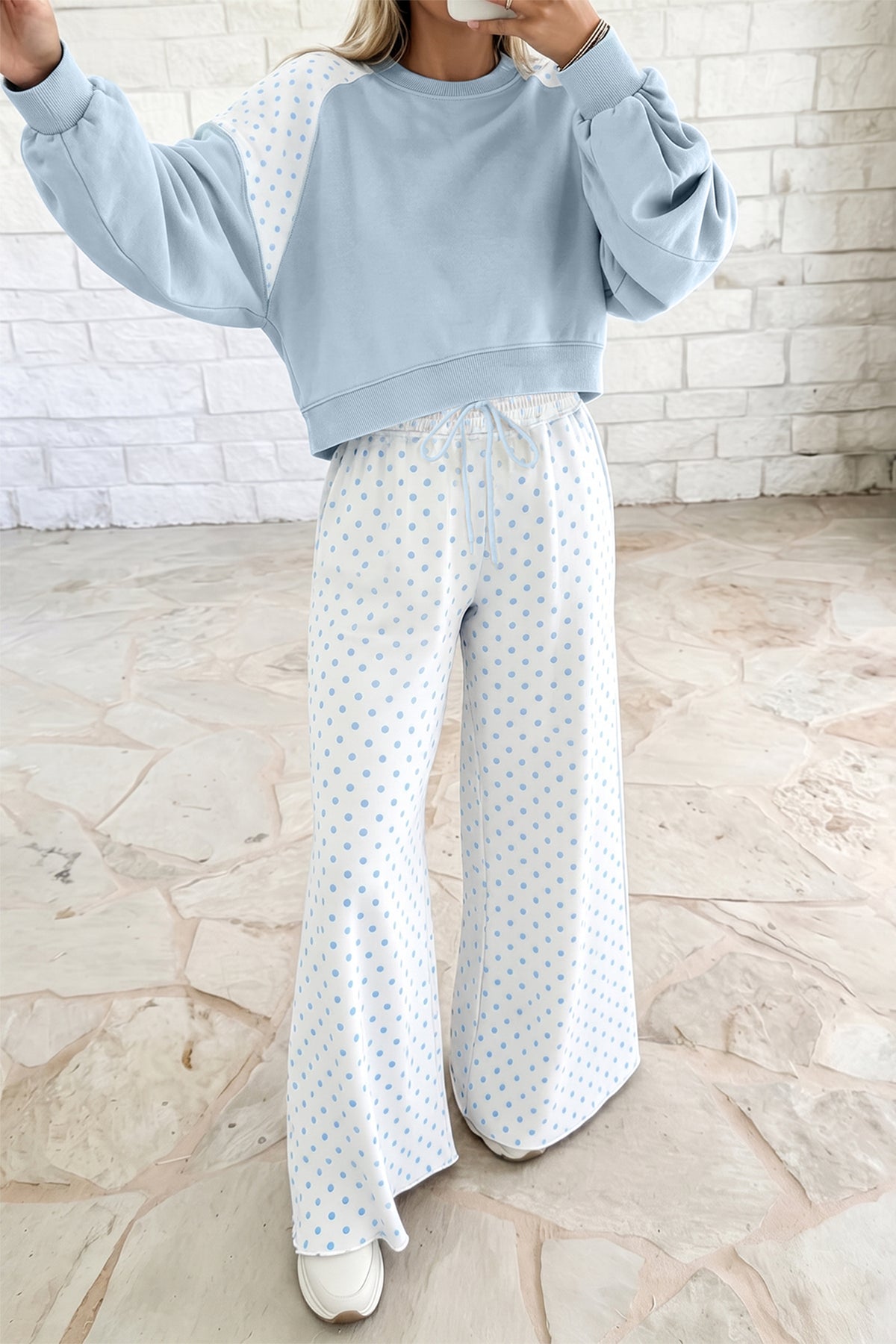 Pink Polka Dot Patchwork Colorblock Long Sleeve Casual Two Piece Pants Set