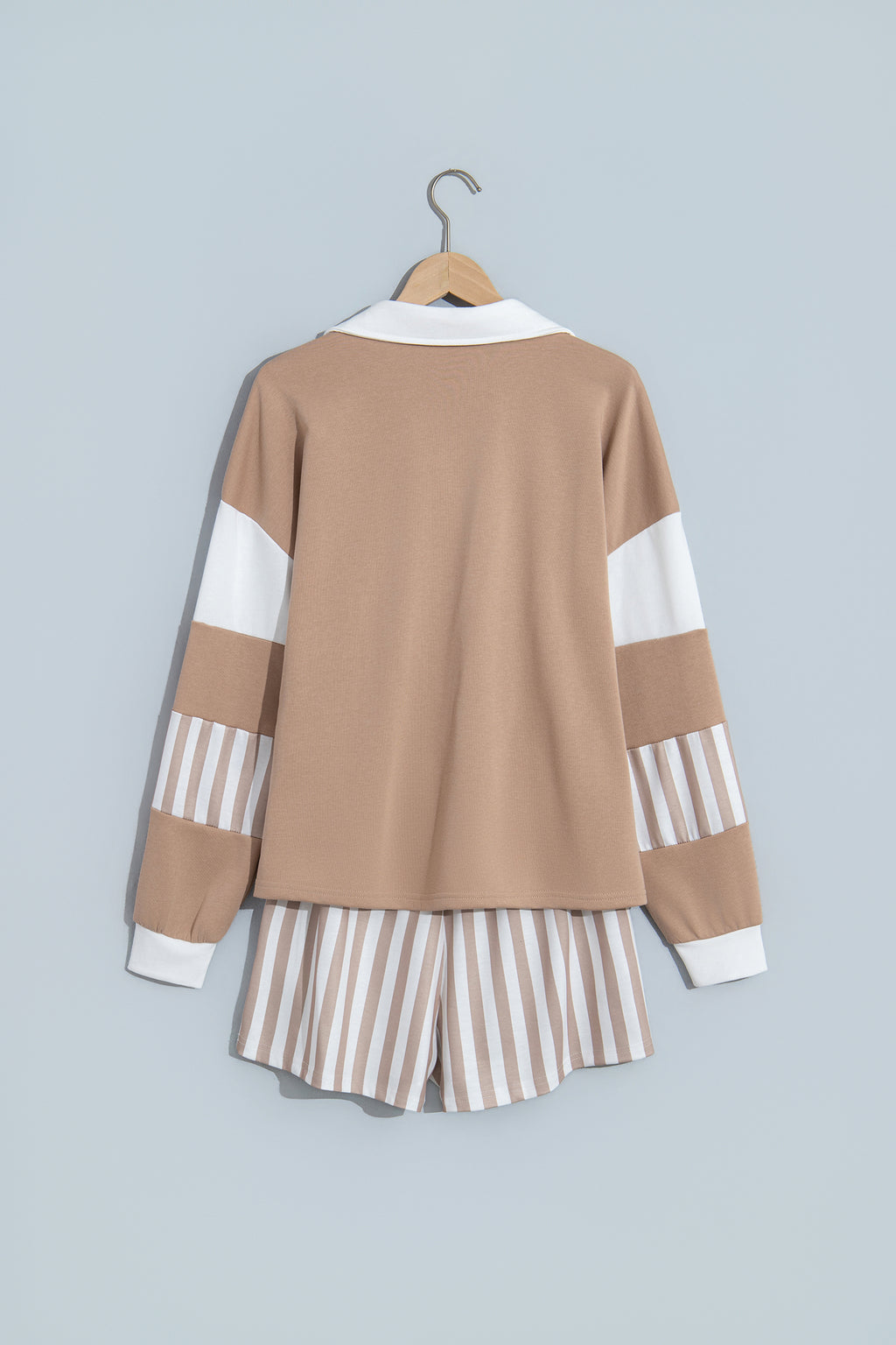 Smoke Green Striped Color Block Pullover Top Drawstring Shorts Set