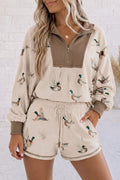 Khaki Mallard Print Color Block Patchwork Zip Pullover and Shorts Set