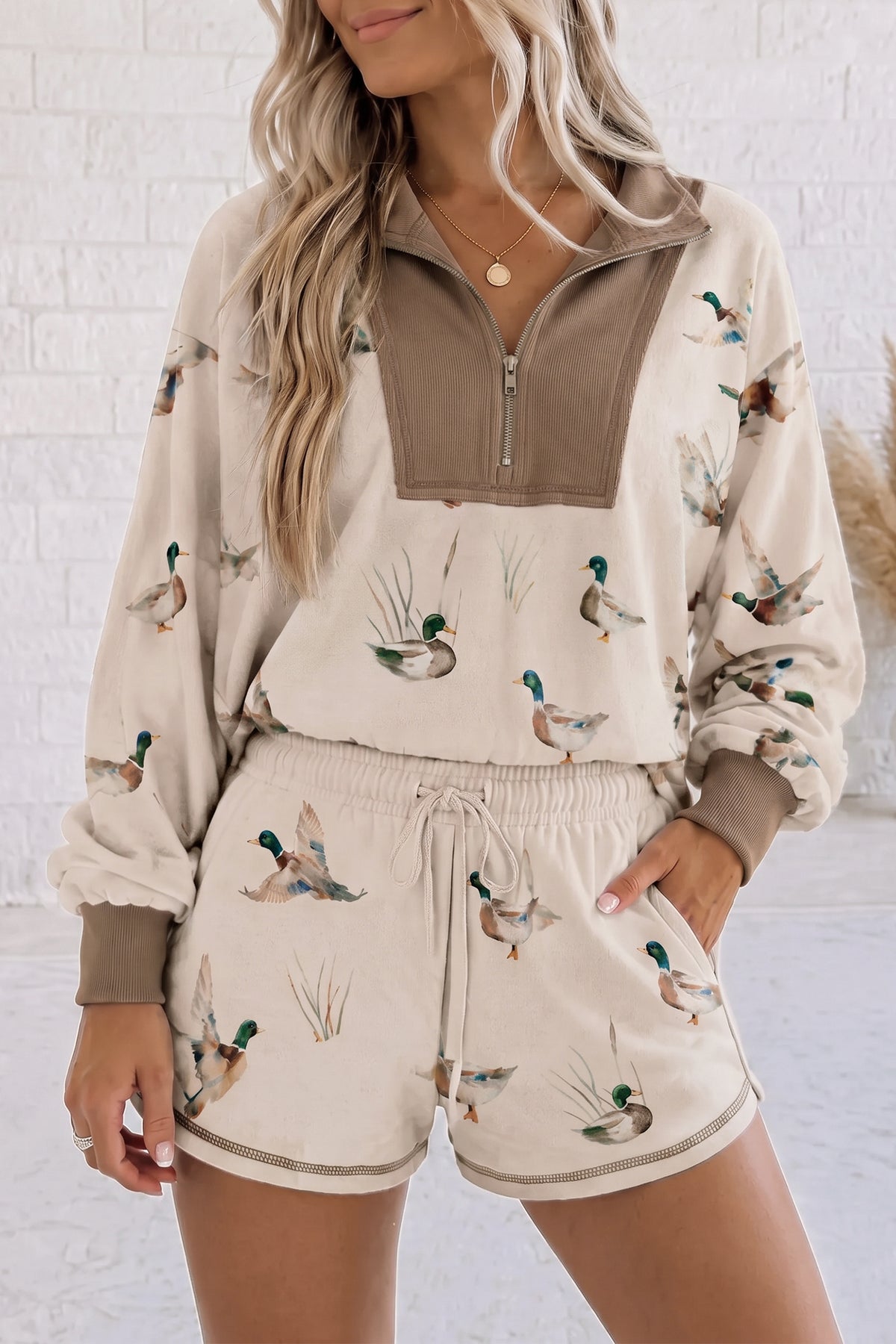 Khaki Mallard Print Color Block Patchwork Zip Pullover and Shorts Set