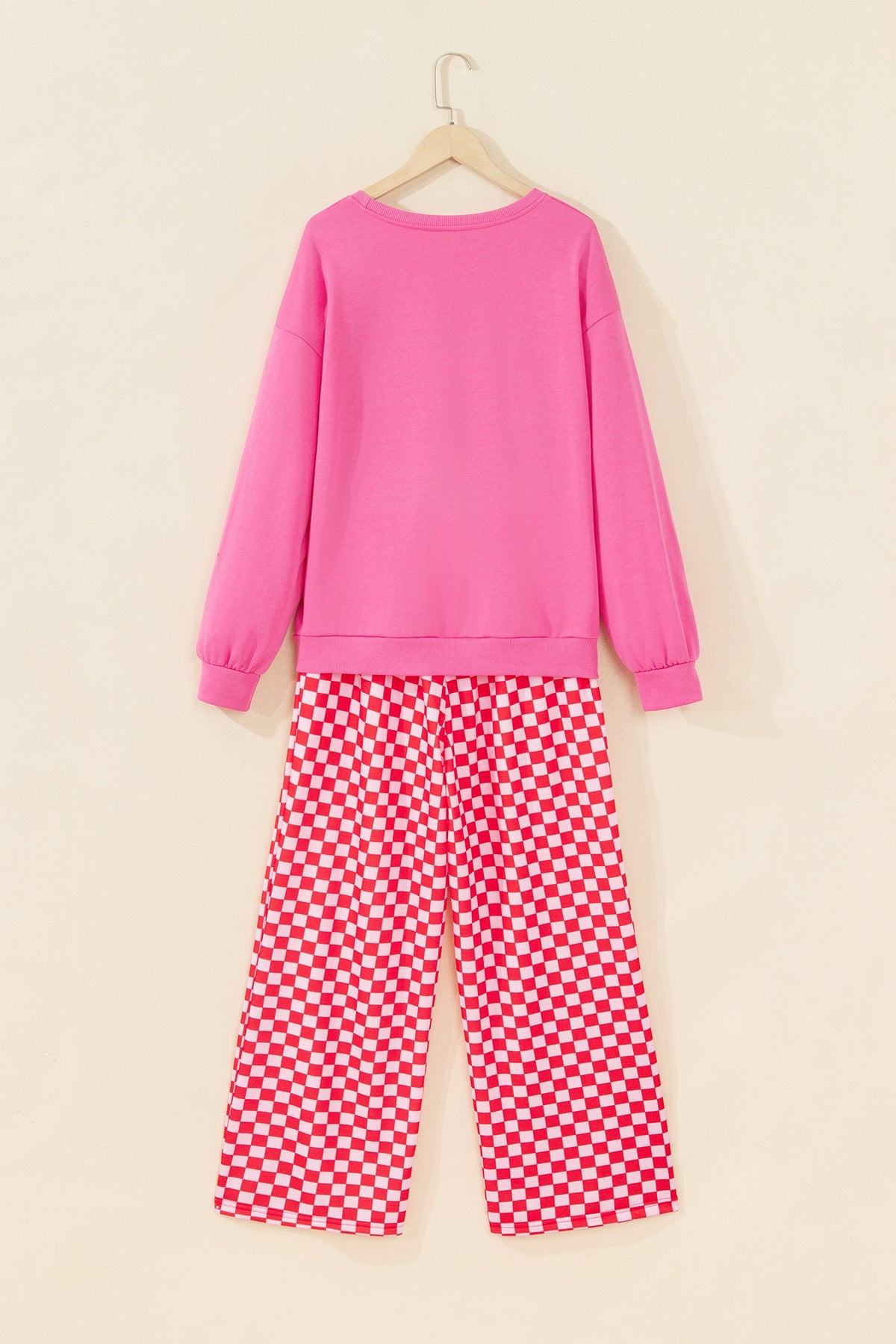 Red Christmas Slogan Graphic Plaid Contrast Two-piece Pant Set