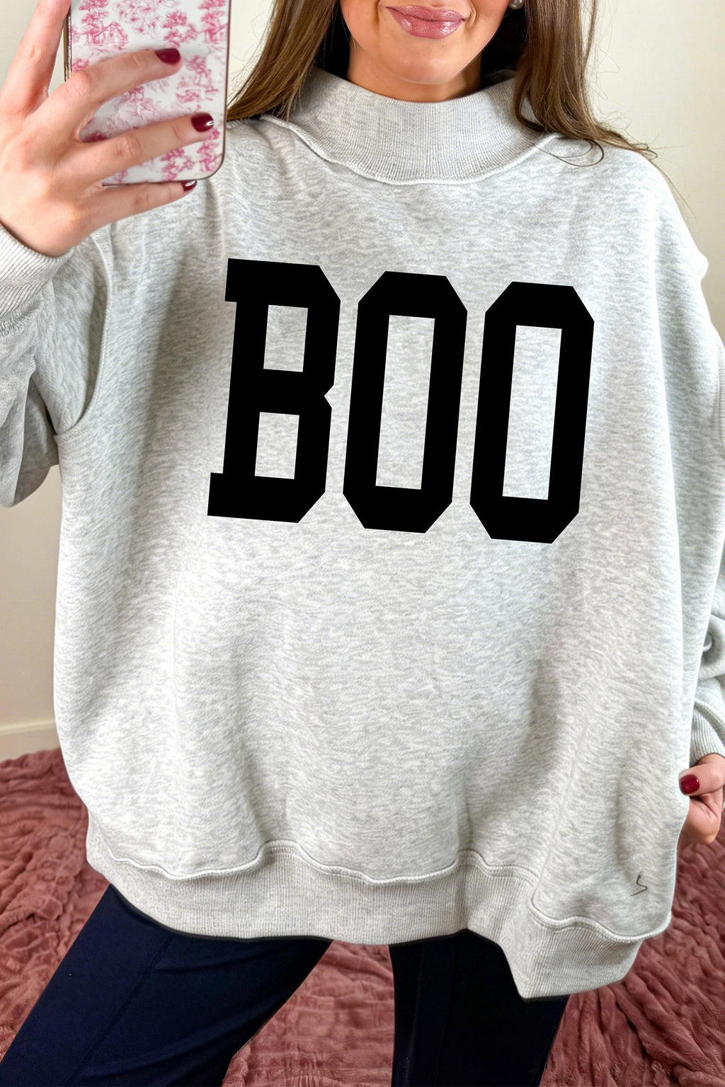 Light Grey Halloween Boo Slogan Ghost Print Reversible Mock Neck Sweatshirt