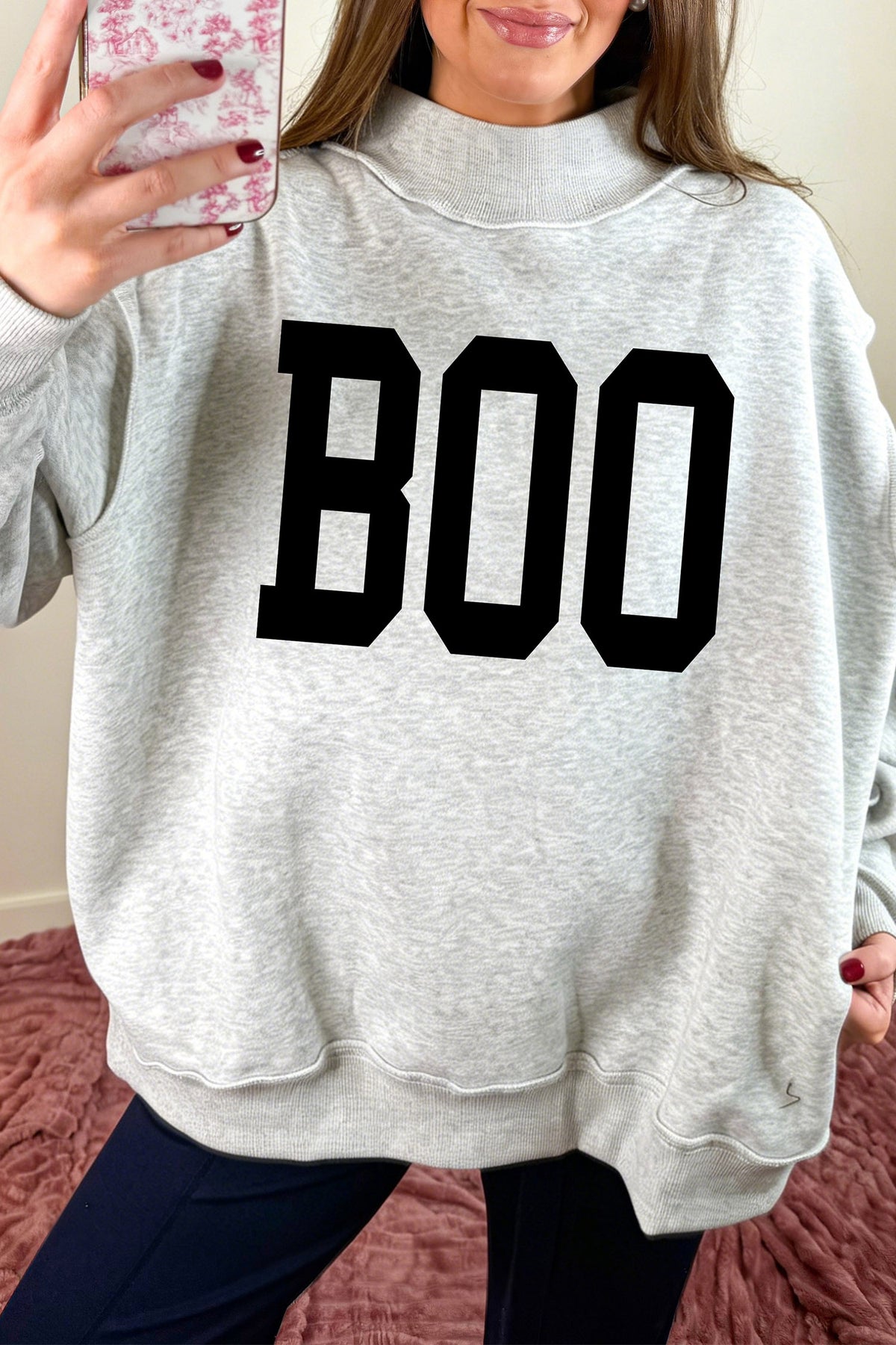 Light Grey Halloween Boo Slogan Ghost Print Reversible Mock Neck Sweatshirt