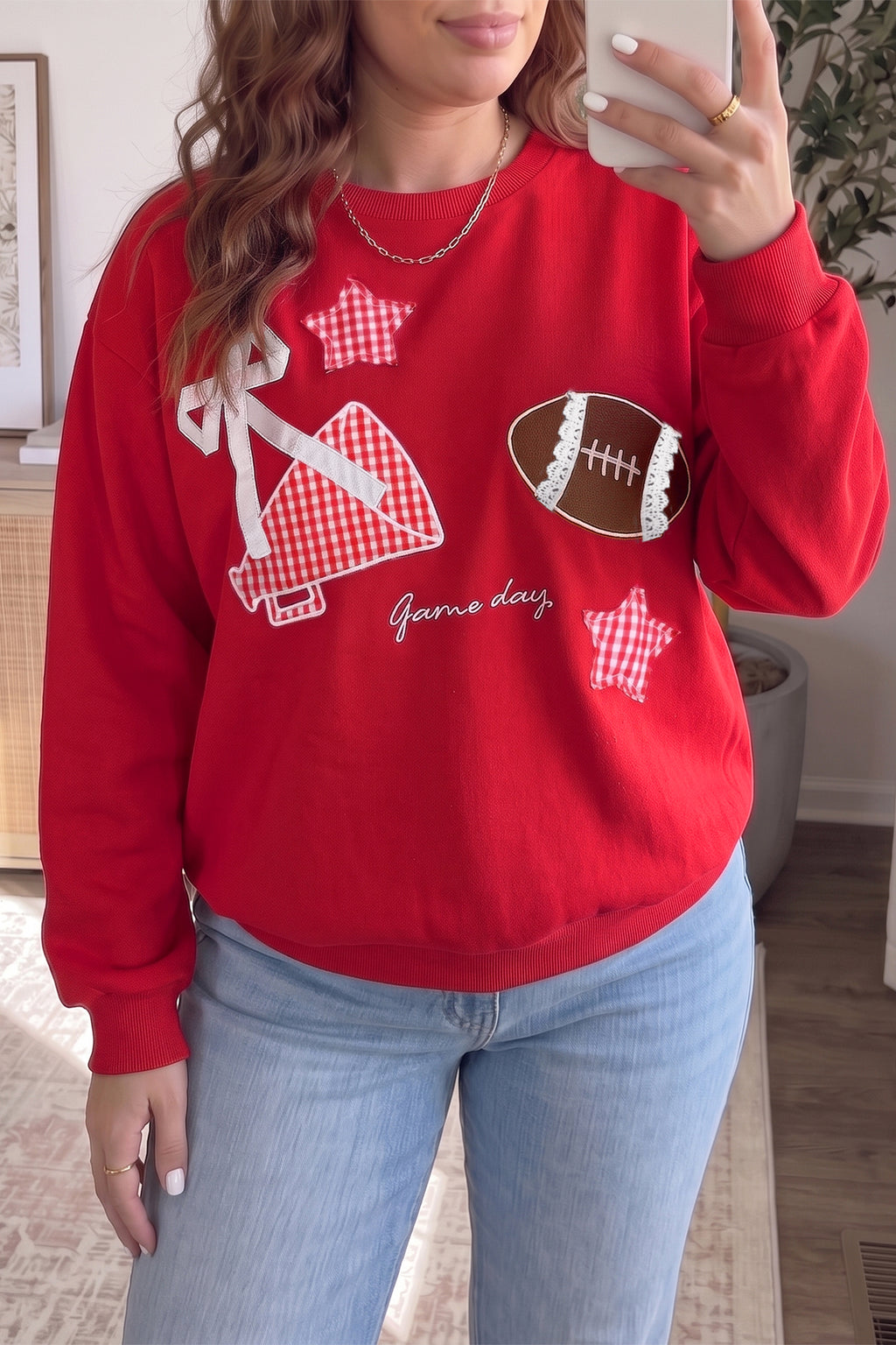 Racing Red Rugby Game Day Patchwork Graphic Plus Size Sweatshirt