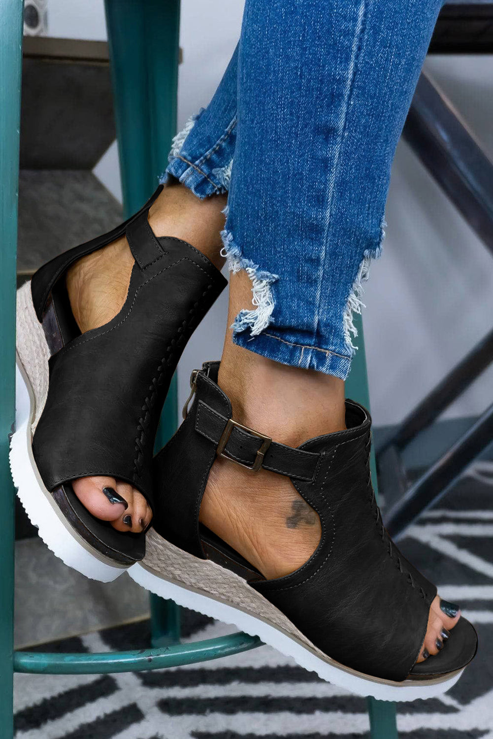 Brown PU Cutout Buckle Strap Platform Sandals