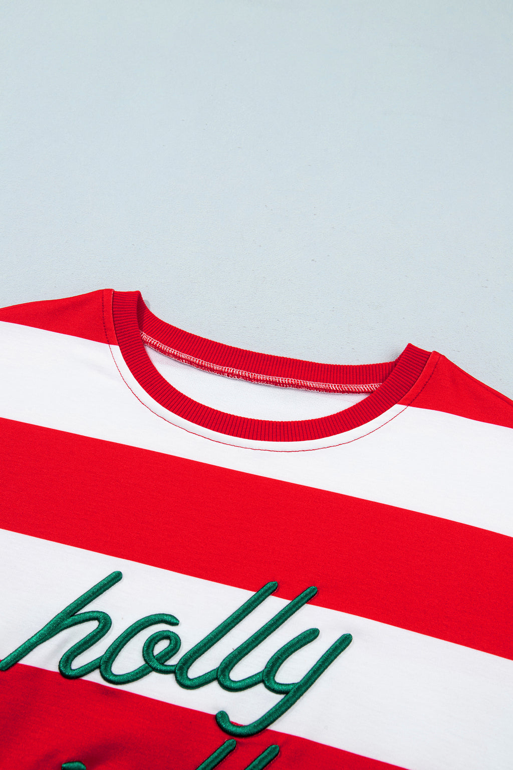 Green Stripe holly jolly Letter Embroidered Pullover Sweatshirt