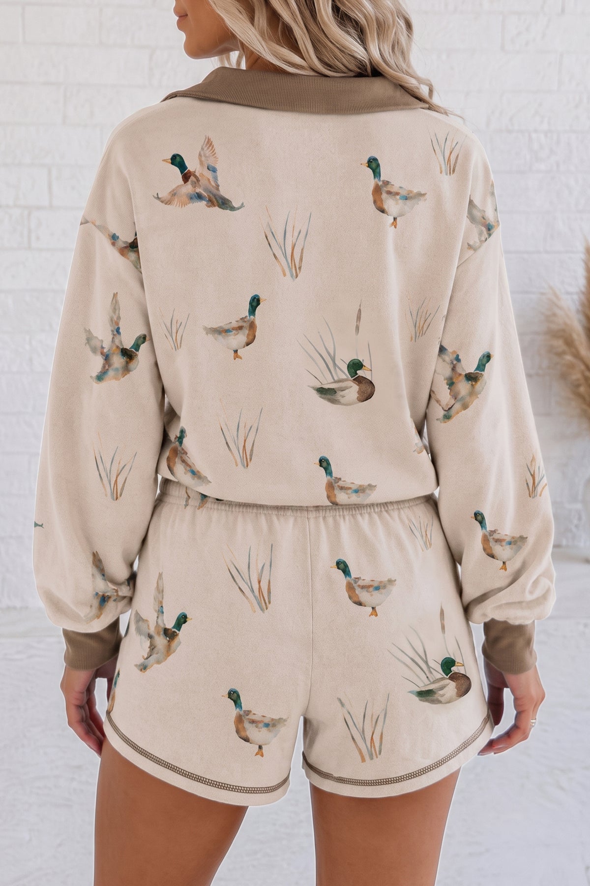 Khaki Mallard Print Color Block Patchwork Zip Pullover and Shorts Set