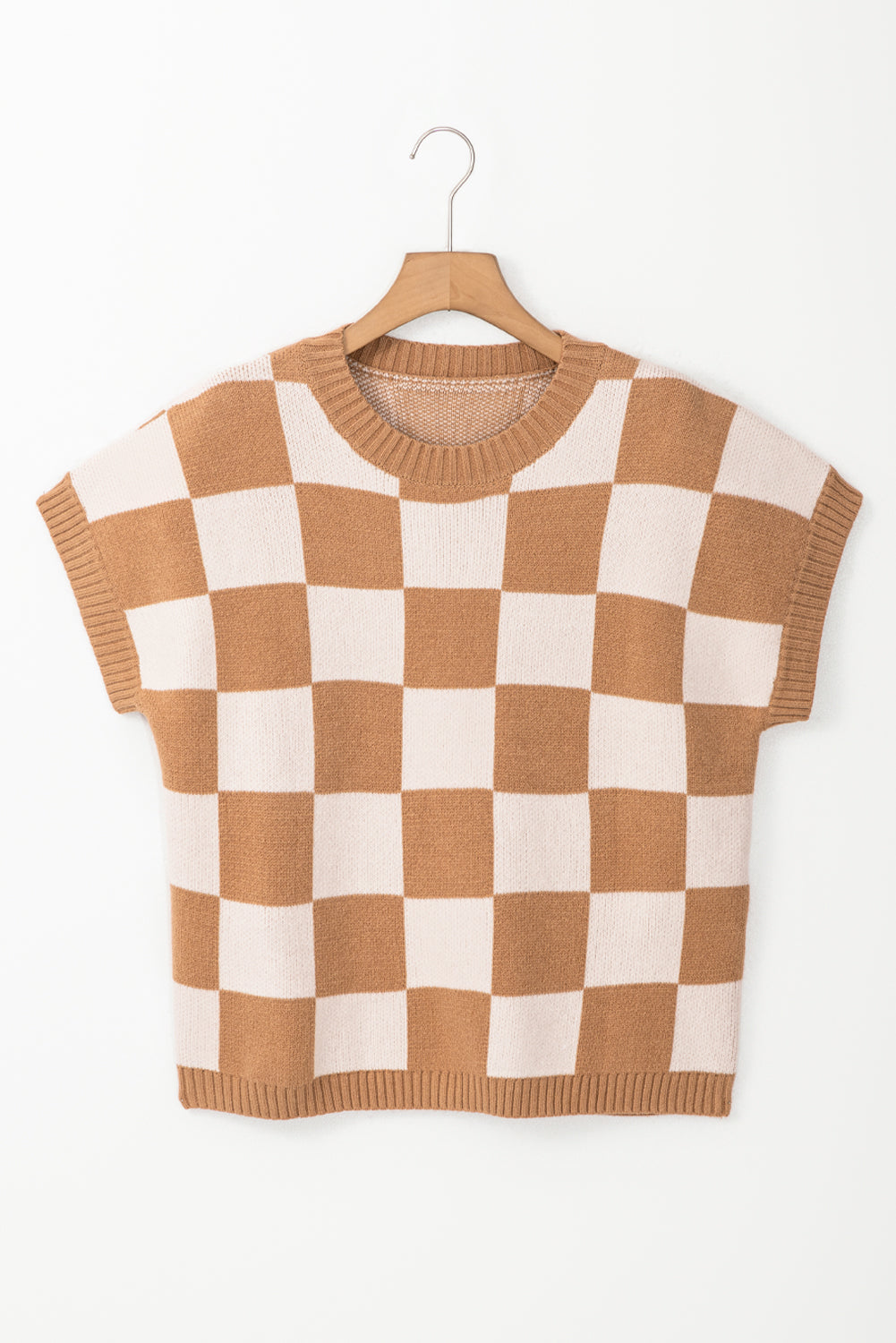 Strawberry Pink Colorblock Plaid Pattern Ribbed Trim Sweater Tank Top