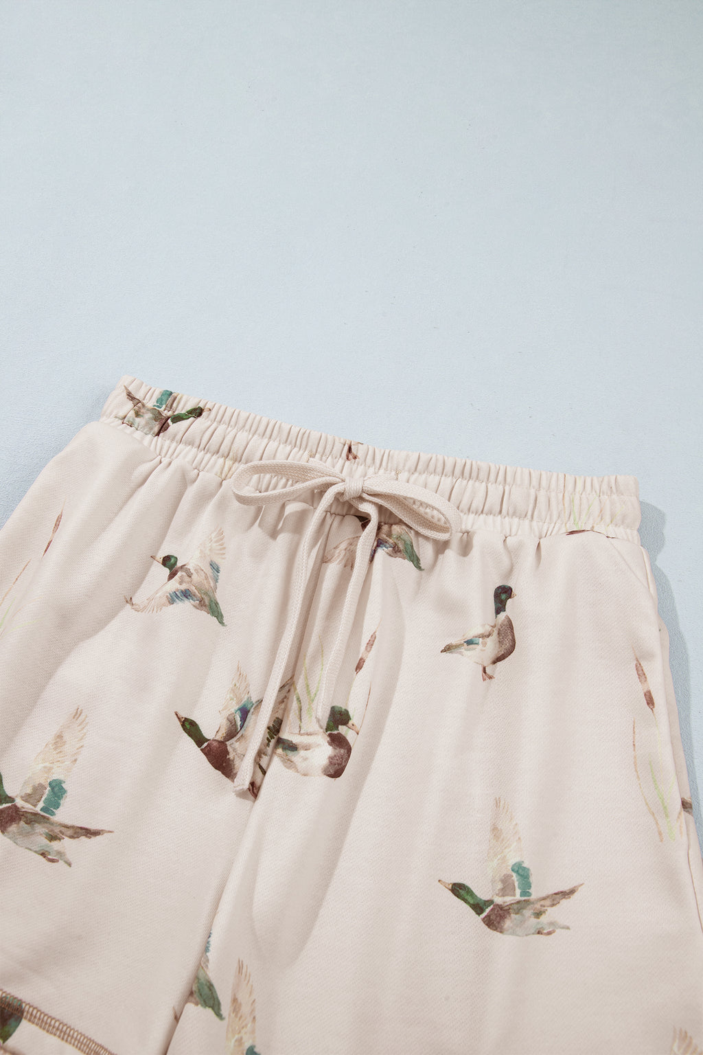 Khaki Mallard Print Color Block Patchwork Zip Pullover and Shorts Set