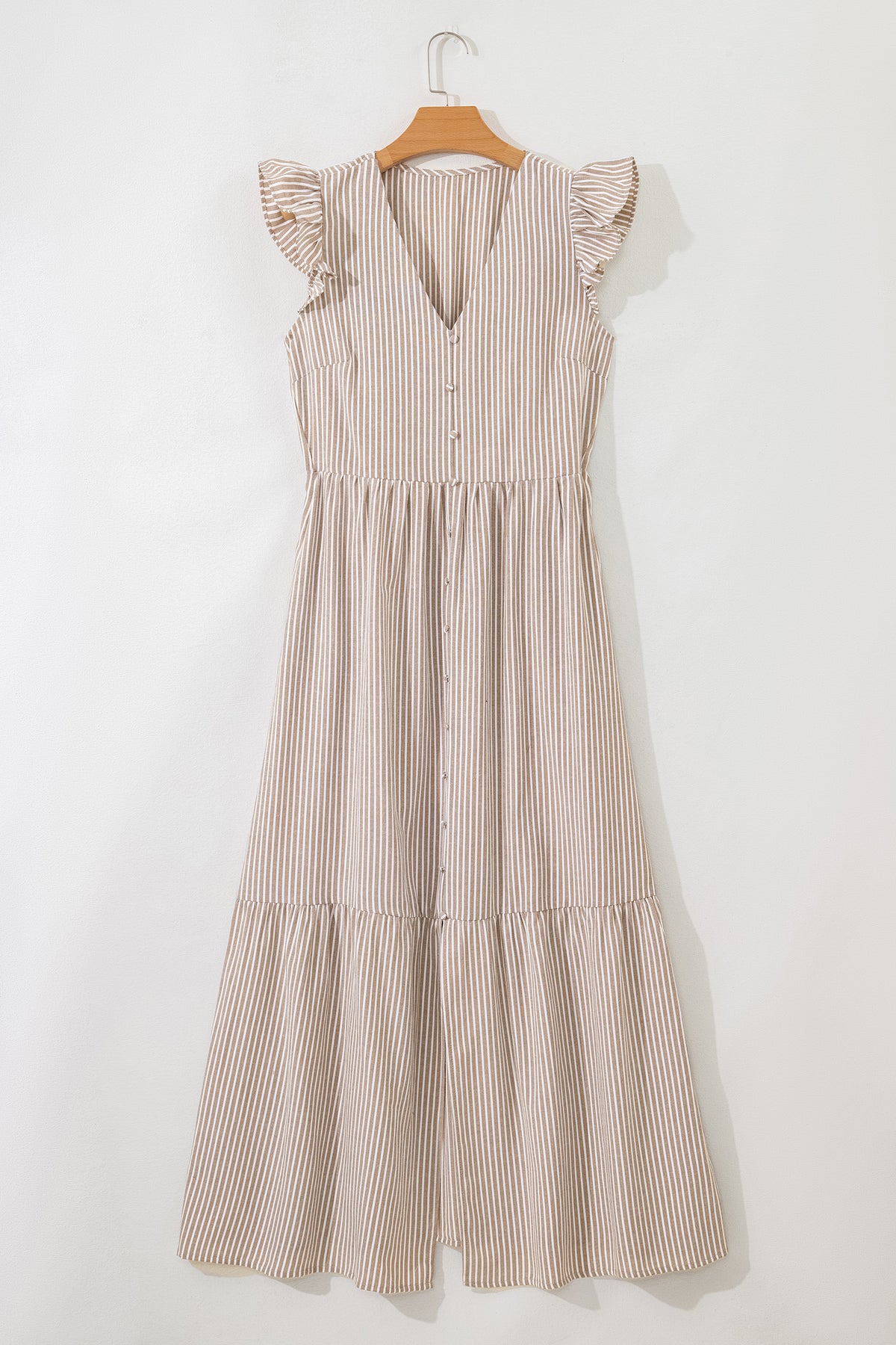 Khaki Stripe Flutter Sleeve Buttoned Front Slit Maxi Dress