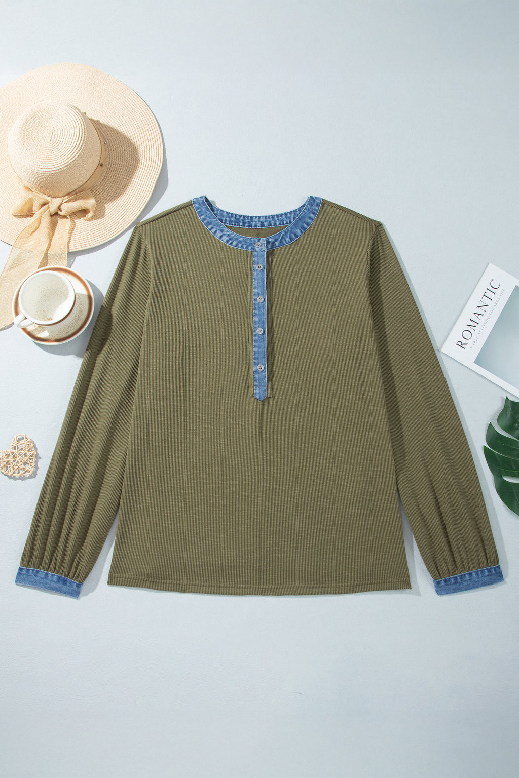 Four Leaf Clover Ribbed Knit Denim Accents V Neck Long Sleeve Oversized Fit Plus Size Blouse