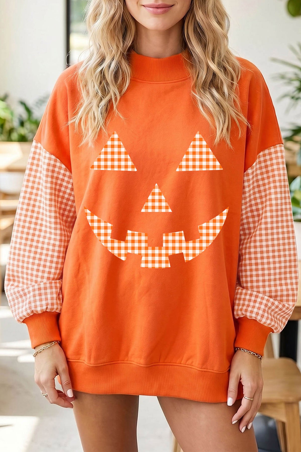 Russet Orange Plaid Sleeve Halloween Pumpkin Face Graphic Sweatshirt