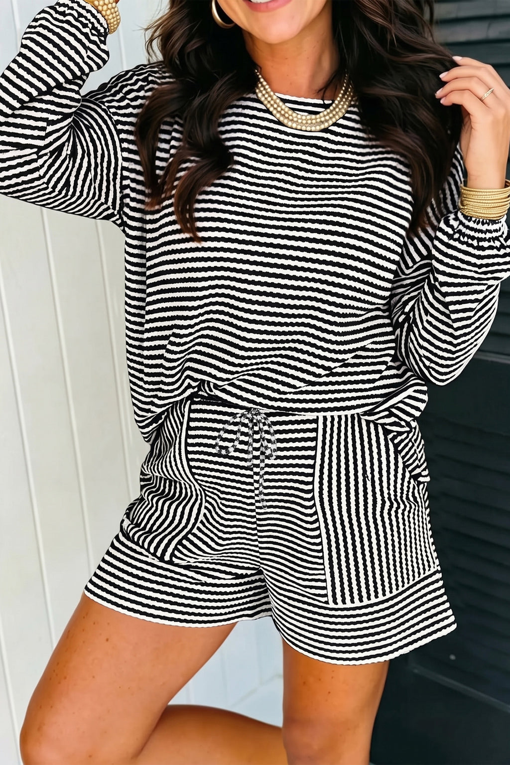 Brown Stripe Textured Knit Long Sleeve Top Elastic Waist Shorts Casual Outfit