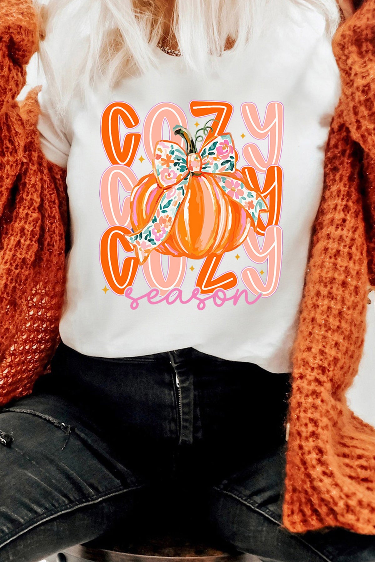 White Cozy Season Pumpkin Graphic Round Neck T-Shirt