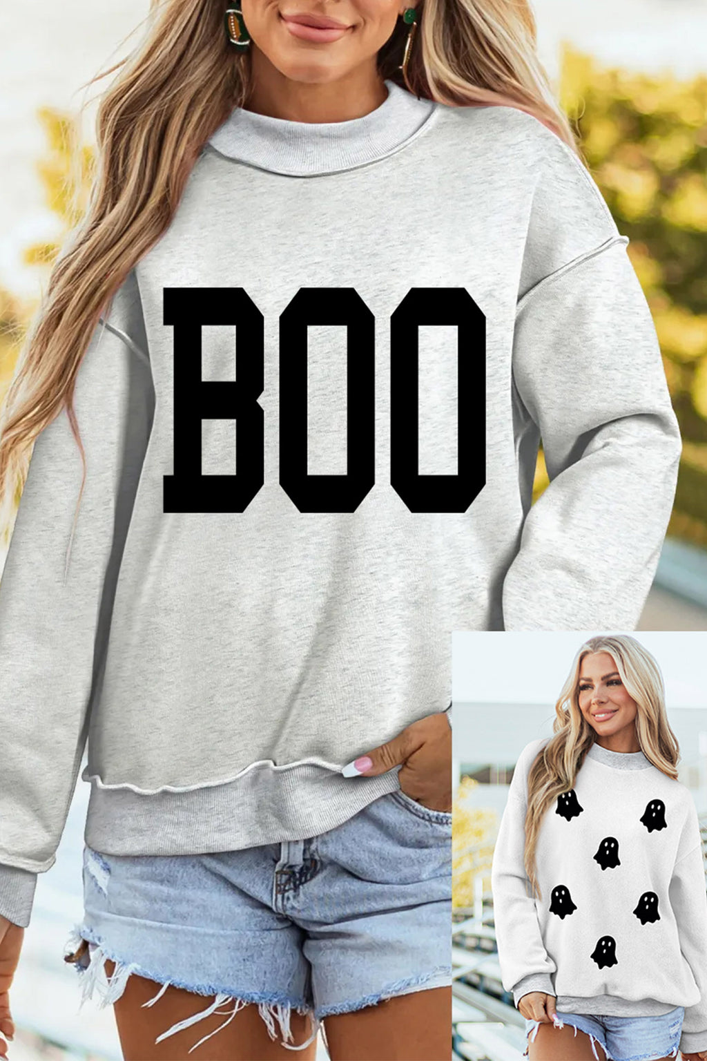 Light Grey Halloween Boo Slogan Ghost Print Reversible Mock Neck Sweatshirt
