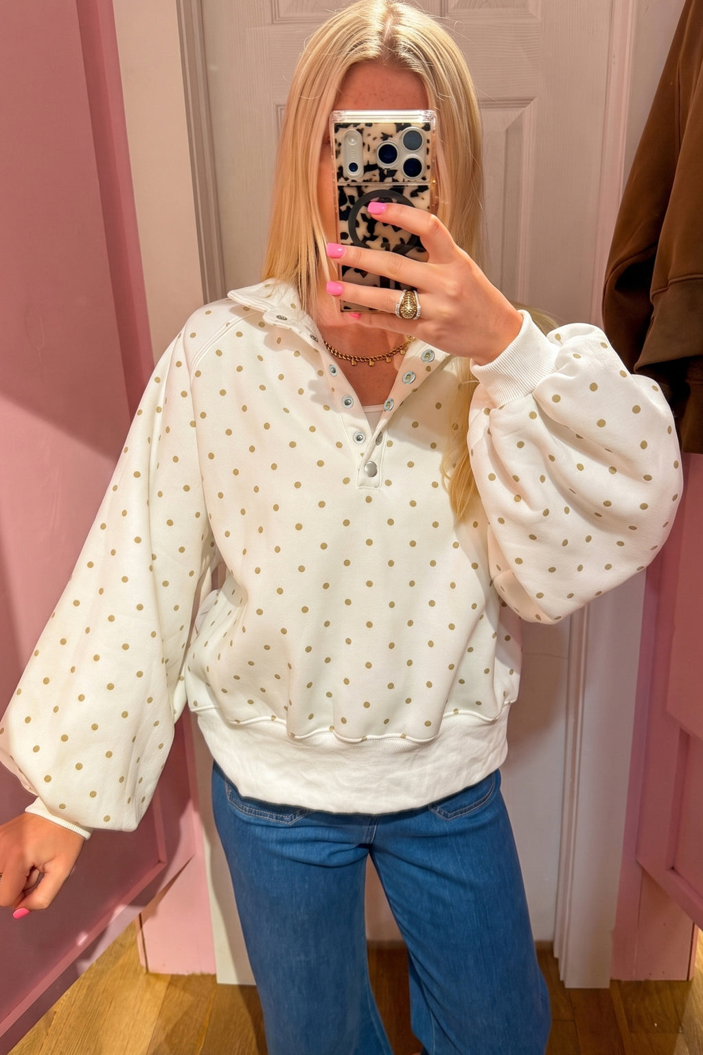Blue Polka Dot Print Metal Button Collar Casual Pullover Sweatshirt