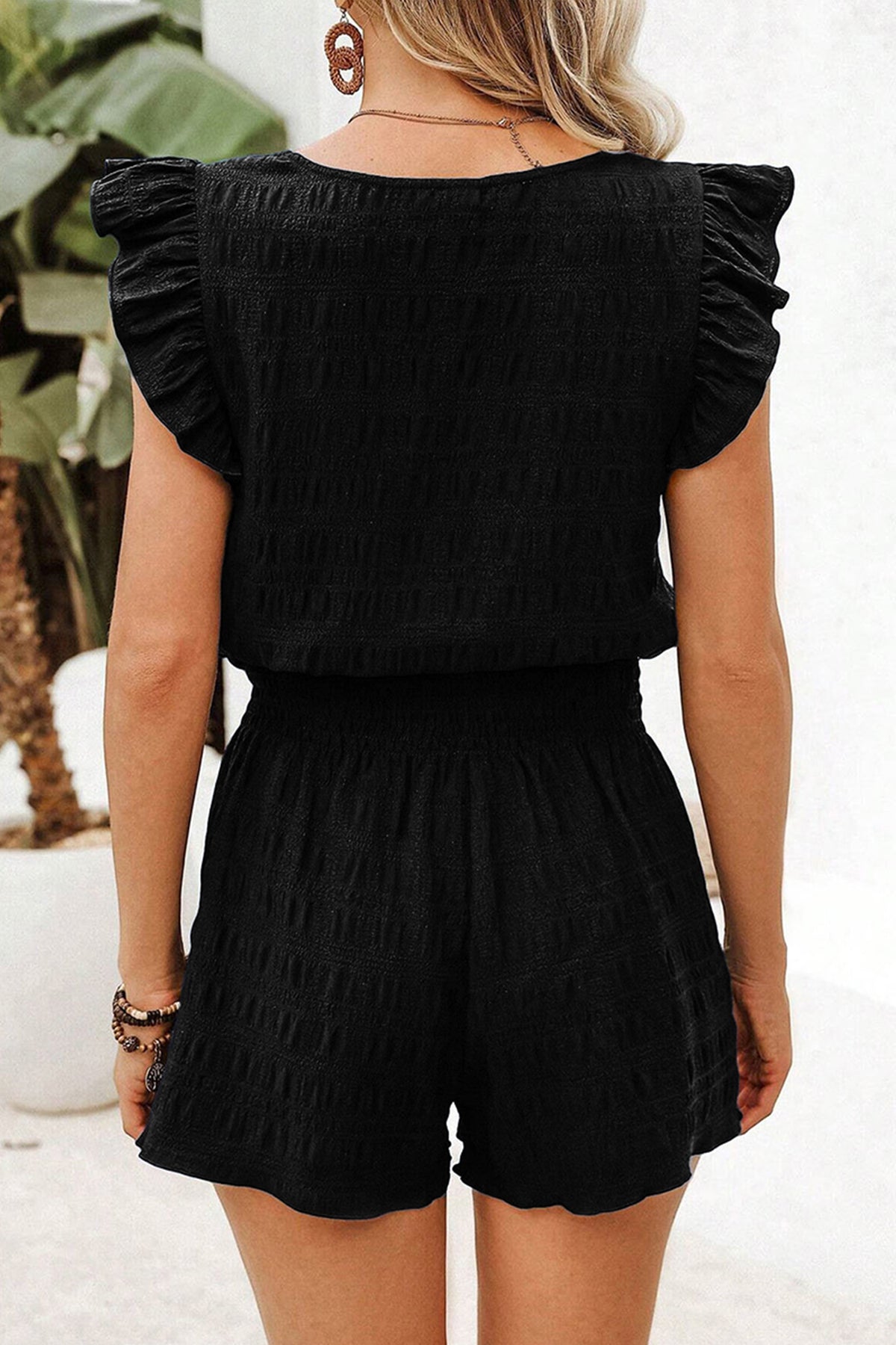 Dark Green Textured Square Neck Top and Shirred High Waist Shorts Set