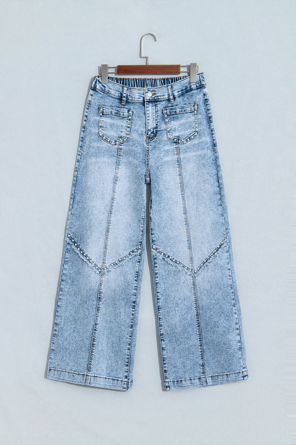 Beau Blue Frayed Studded Detail Wide Leg Pocketed Jeans