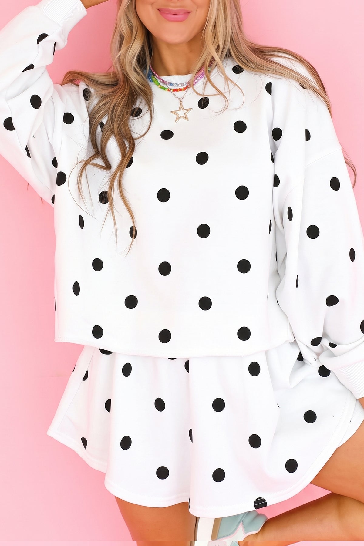Beige Polka Dot Raw Hem Relaxed Pullover Loose Skort Two Piece Set