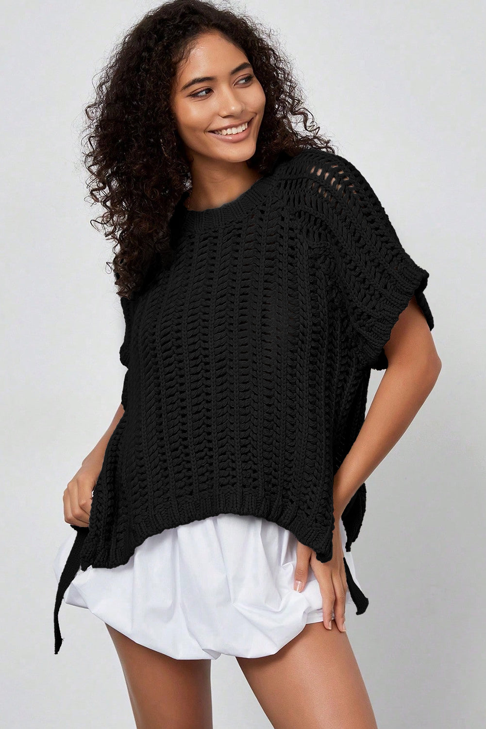 Apricot Plus Size Open Knit Bow Tie Short Sleeve Sweater