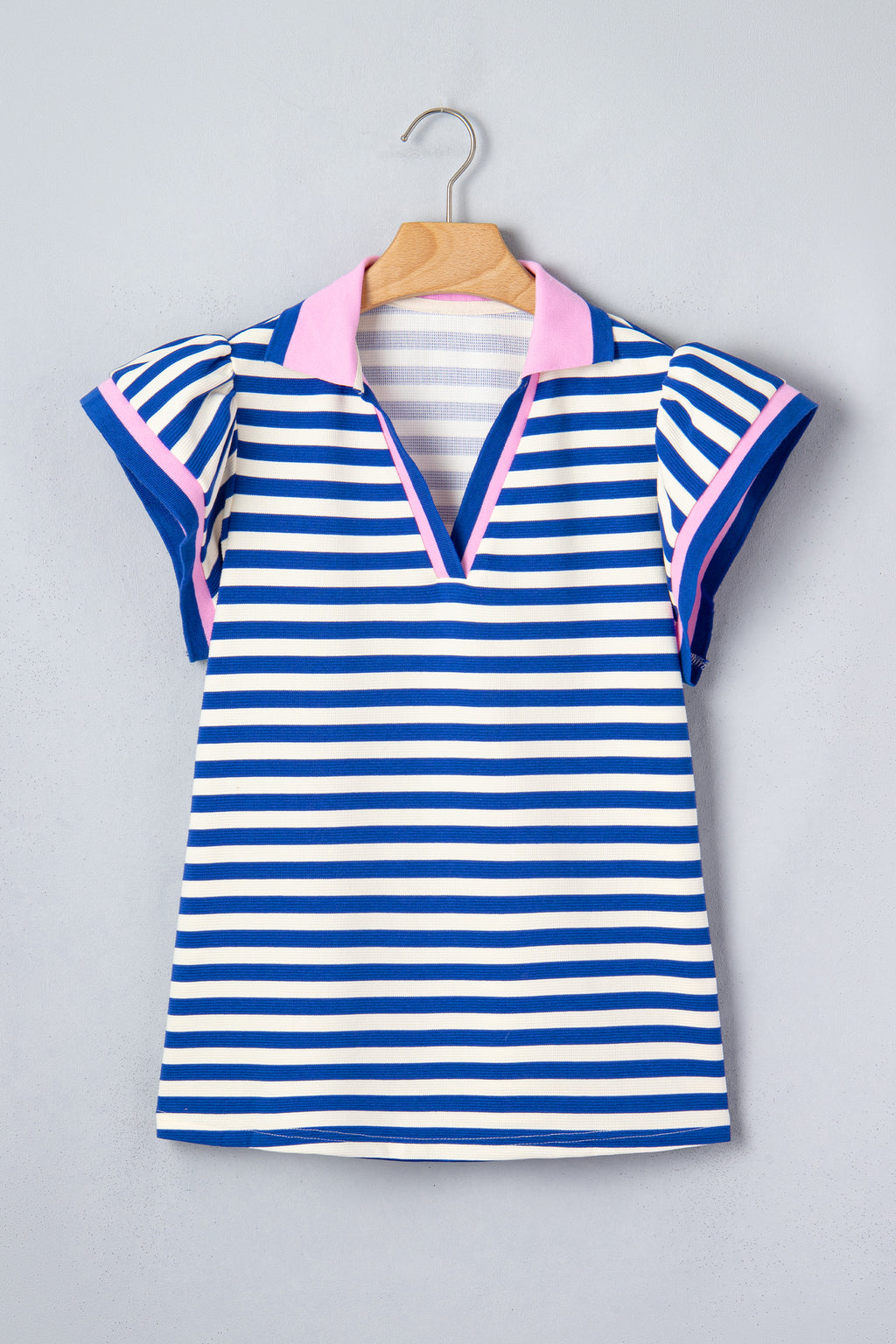 Rose Stripe Contrast Trim Polo Collar Ruffled Short Sleeve Blouse