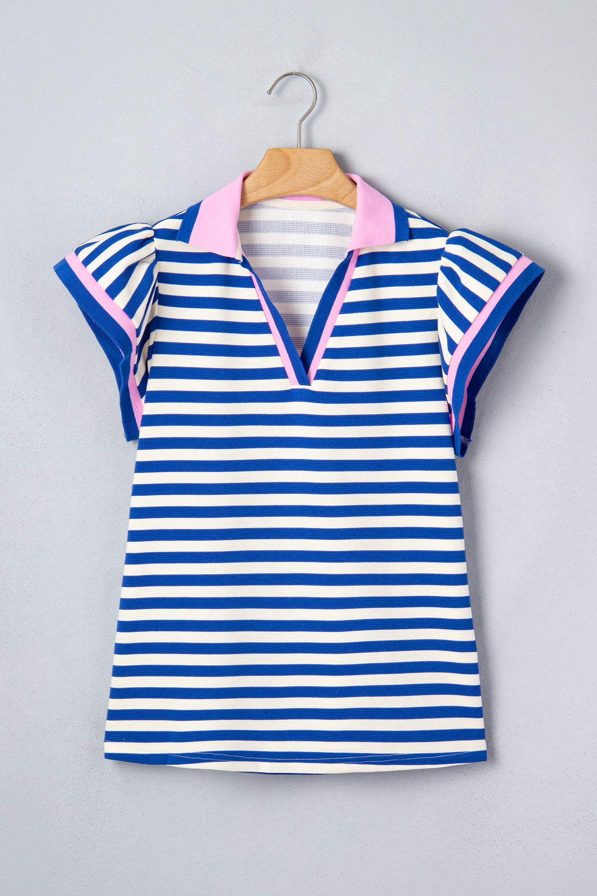 Rose Stripe Contrast Trim Polo Collar Ruffled Short Sleeve Blouse