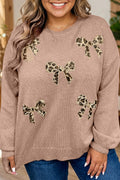 Dark Khaki Leopard Bow Embroidery Drop Shoulder Tunic Plus Size Sweater