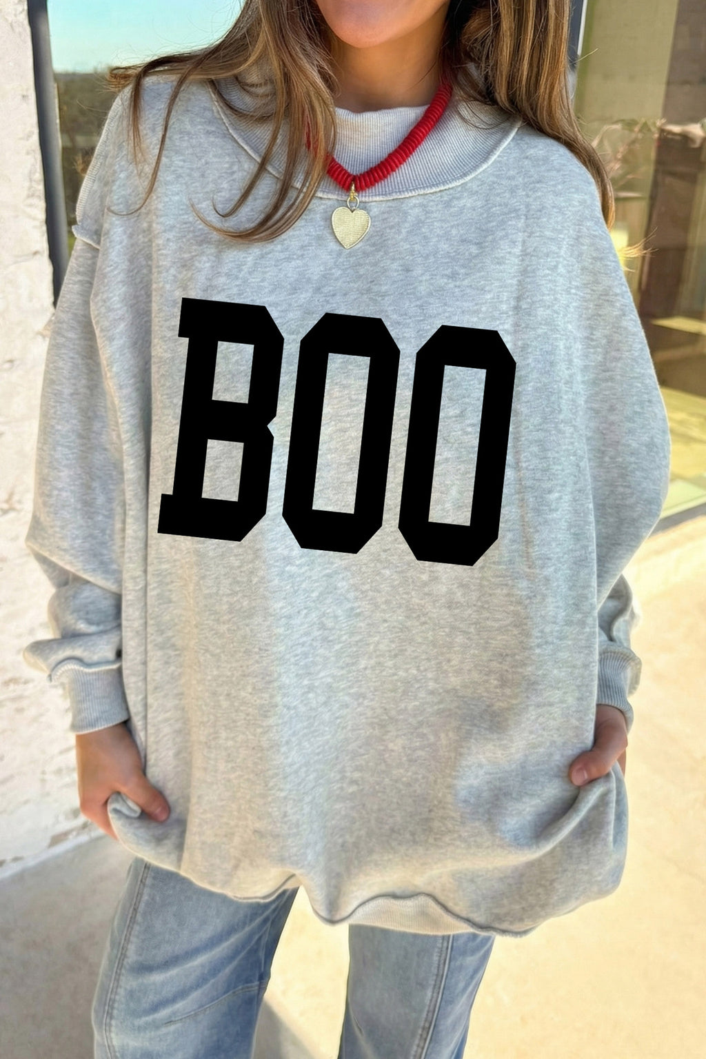 Light Grey Halloween Boo Slogan Ghost Print Reversible Mock Neck Sweatshirt