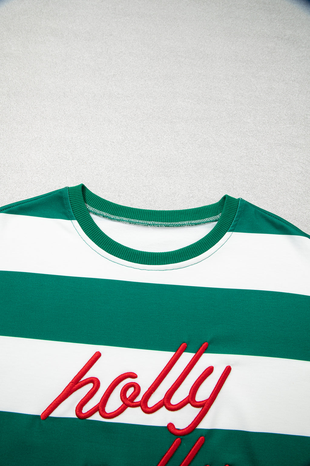 Green Stripe holly jolly Letter Embroidered Pullover Sweatshirt