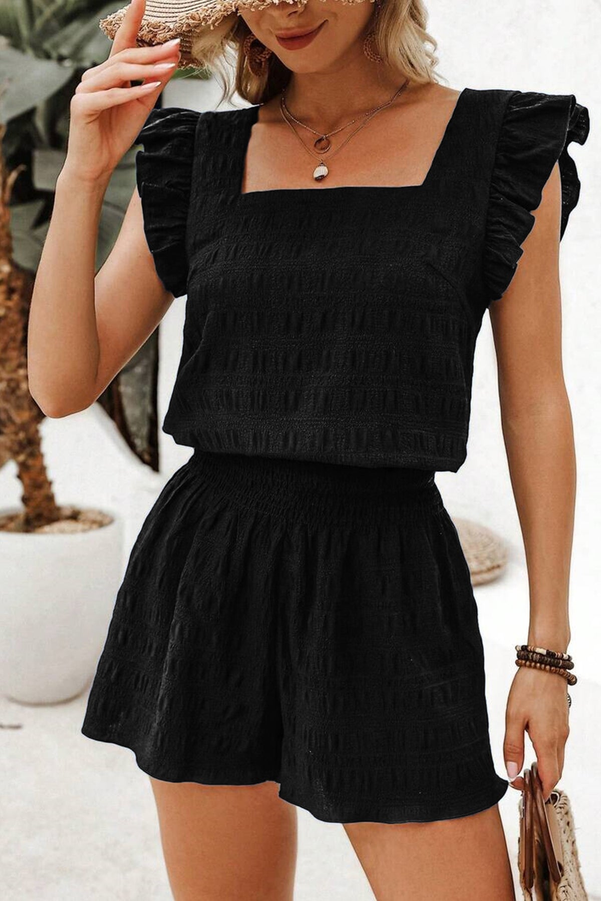 Dark Green Textured Square Neck Top and Shirred High Waist Shorts Set