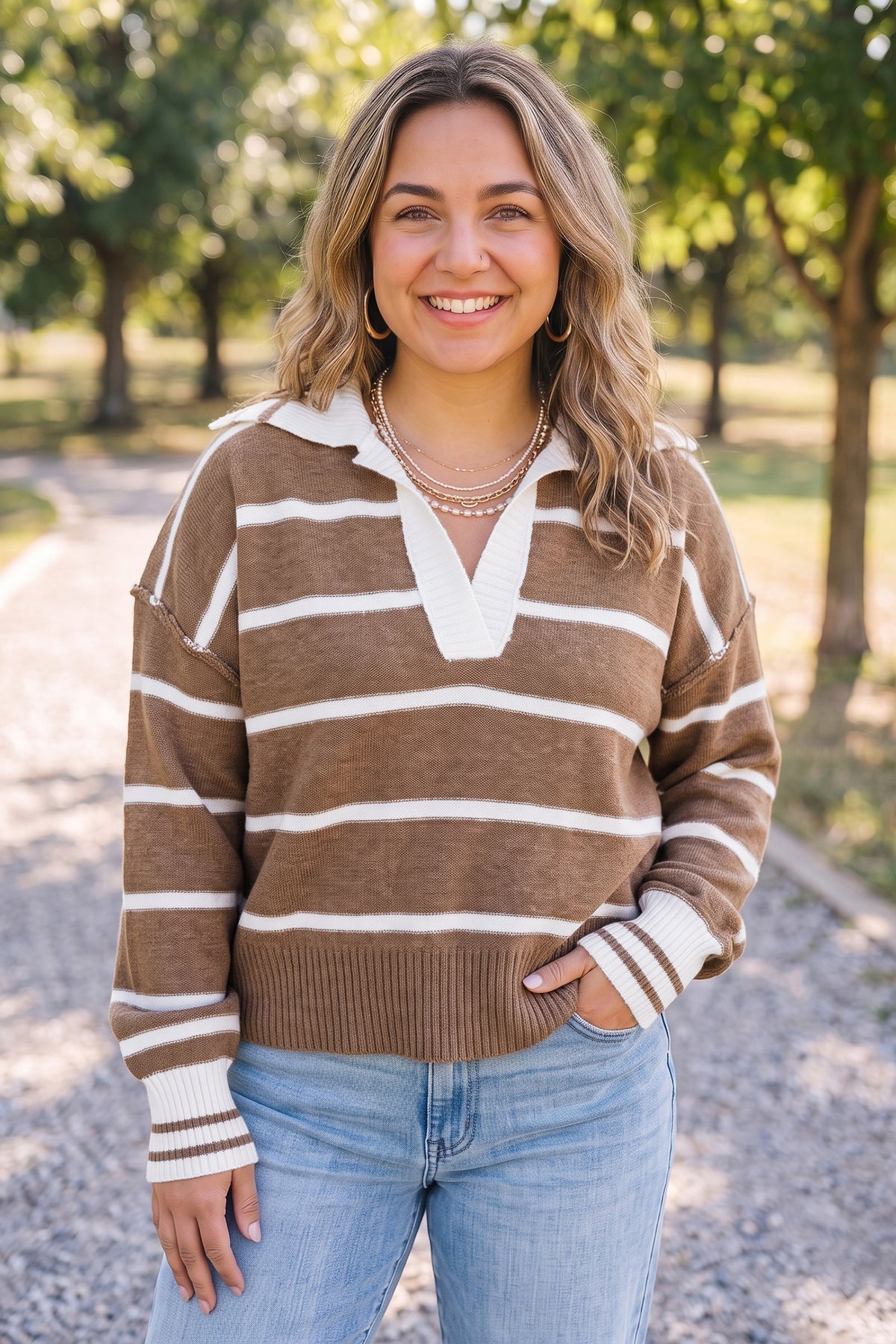 Brown Stripe Striped V Neck Long Sleeve Shift Plus Size Sweater