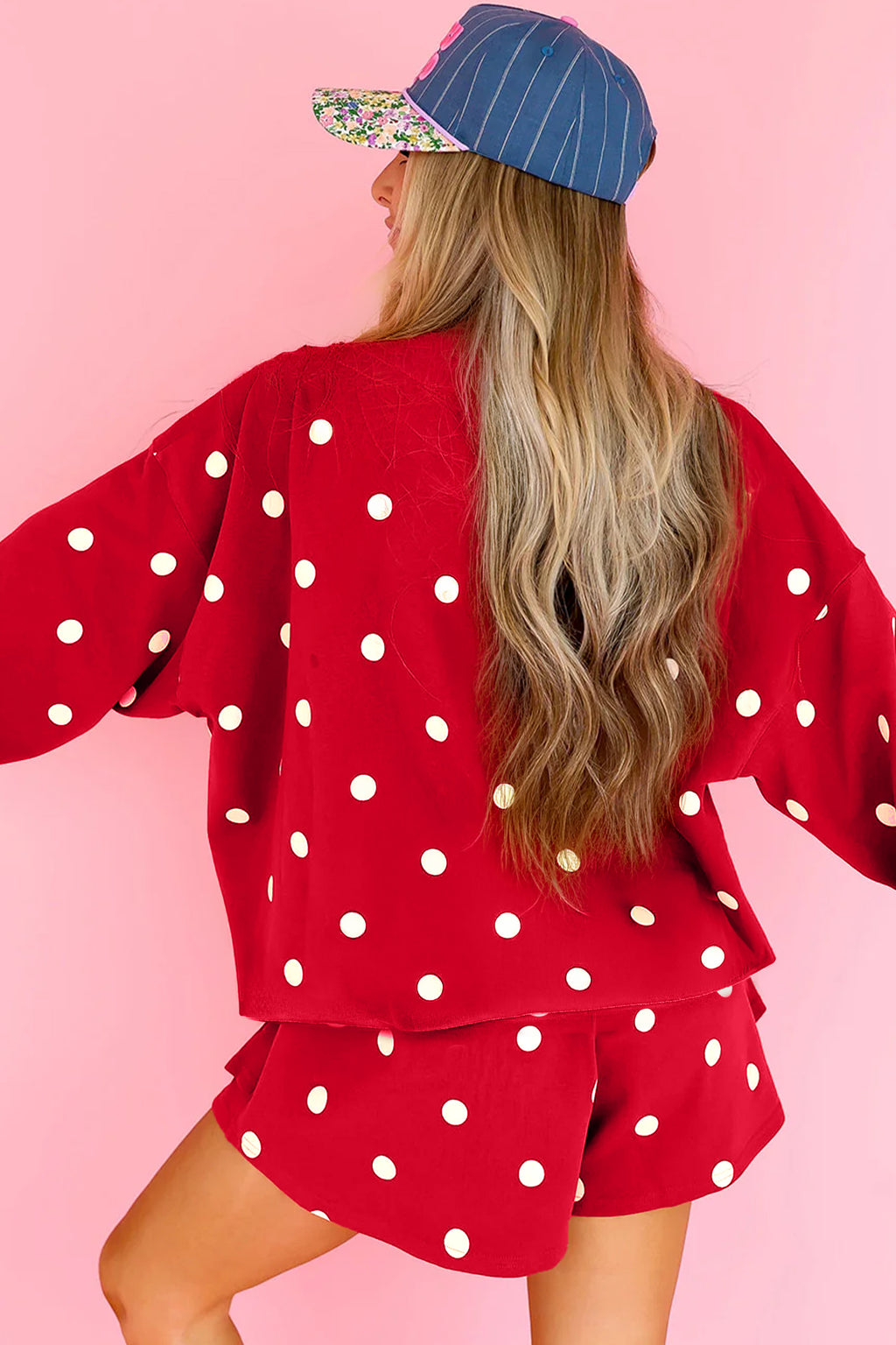 Beige Polka Dot Raw Hem Relaxed Pullover Loose Skort Two Piece Set