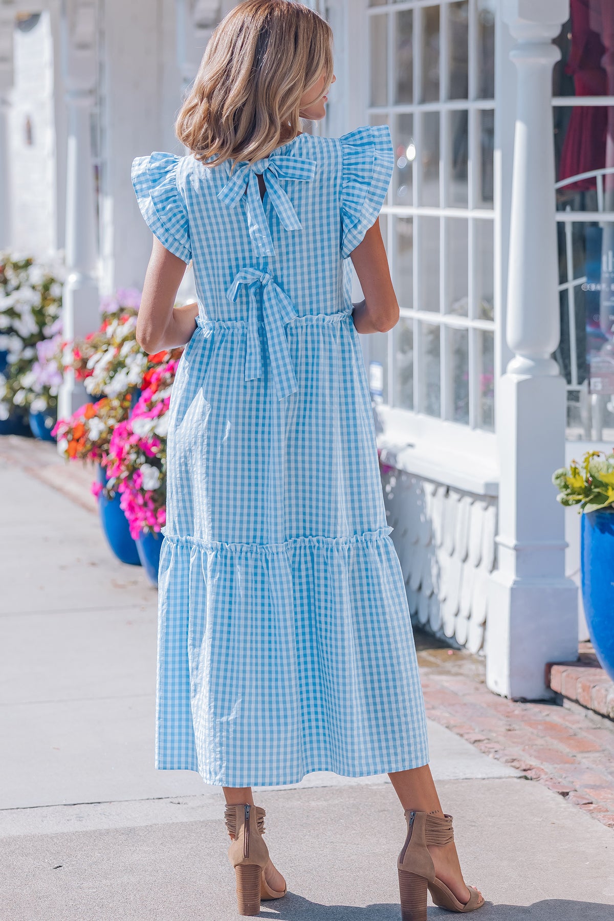 Sky Blue Knot Back Ruffled Short Sleeve Gingham Maxi Dress
