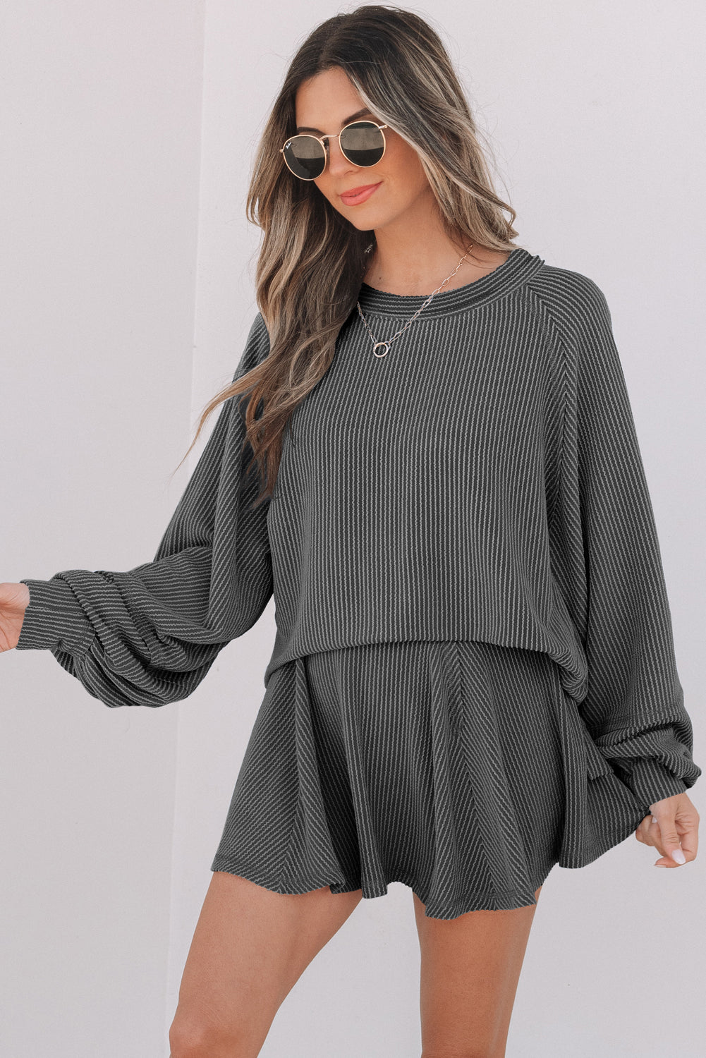 Jet Stream Corded Lantern Sleeve Top High Waist Ruffled Mini Skort Set