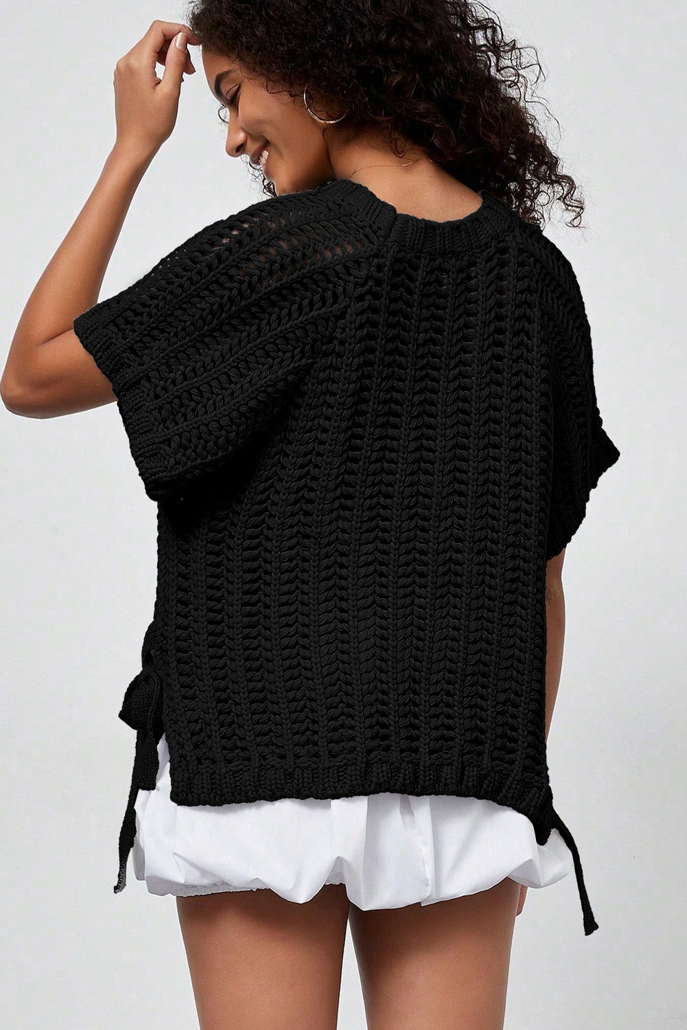 Apricot Plus Size Open Knit Bow Tie Short Sleeve Sweater